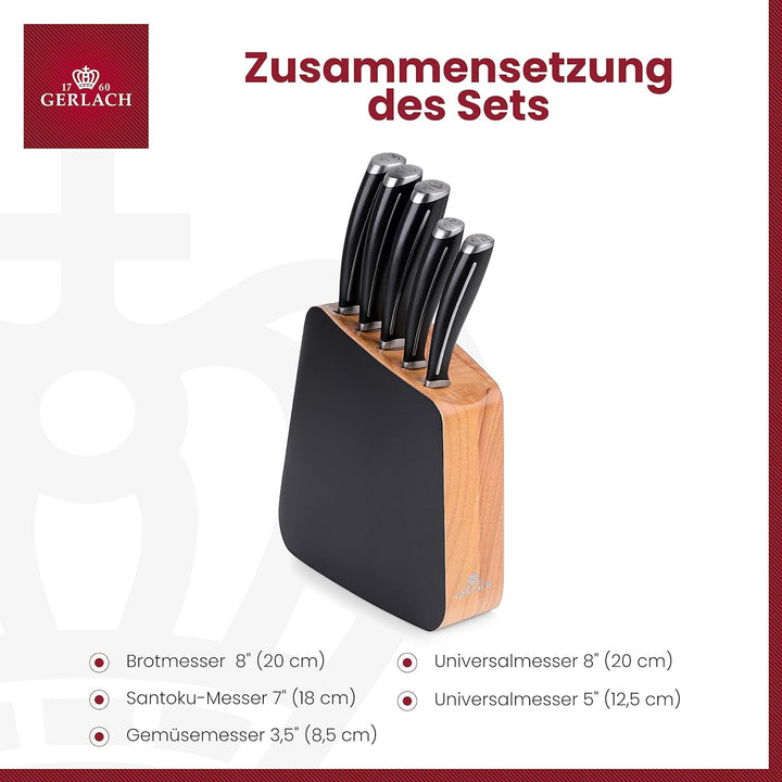 Gerlach Loft Messerblock Messerset Küchenmesserset 5 Messer aus Edelstahl Buchenholz Küchenmesser im