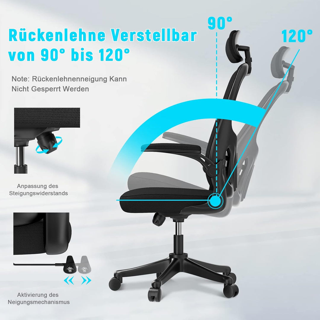 rattantree Bürostuhl, Schreibtischstuhl mit Verstellbarer Kopfstütze, Armlehnen und Lendenwirbelstüt