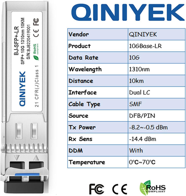 [2 Stück] QINIYEK 10GBase-LR SFP+ Transceiver, 10G Singlemode SFP+ LC-Modul für Cisco SFP-10G-LR, Ub