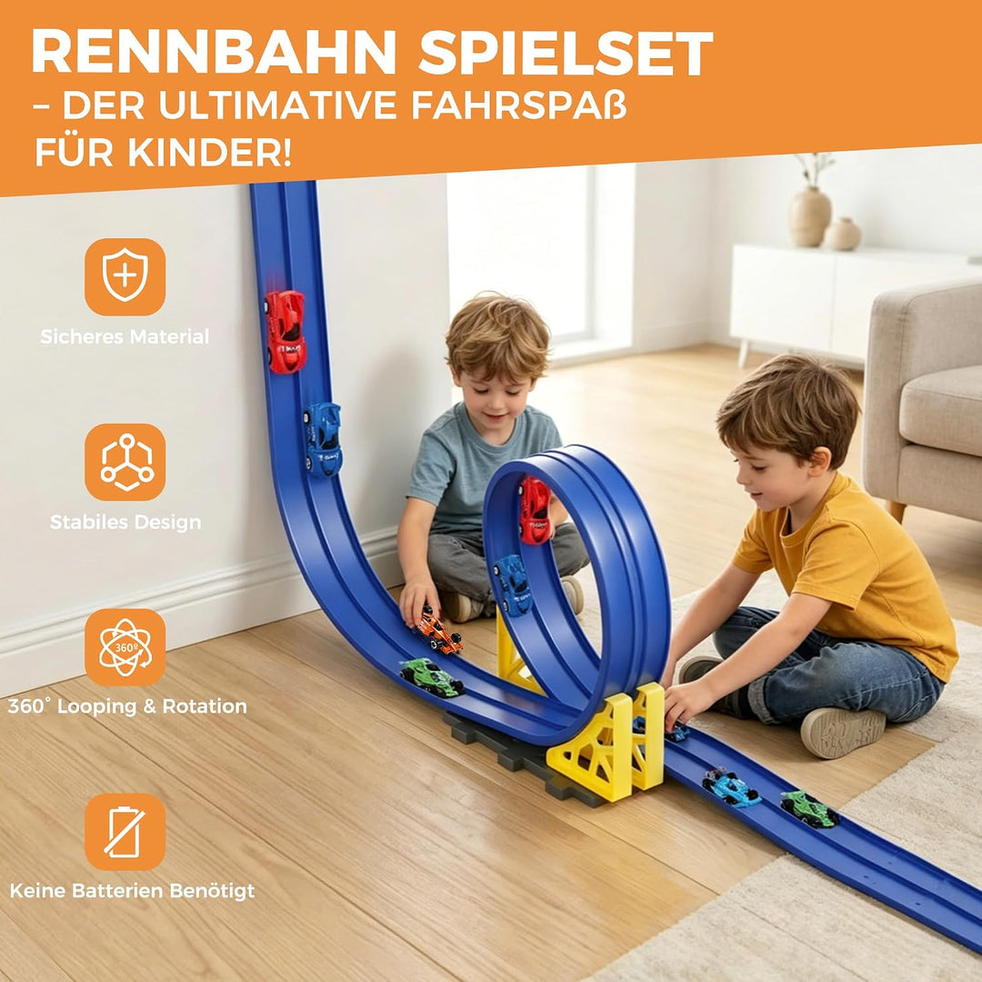 Flexible Rennbahn Kinder 5 m, Autorennbahn Kinder Doppel-Rennstrecke mit 6 Autos, Für 1/64 Autos, Sp