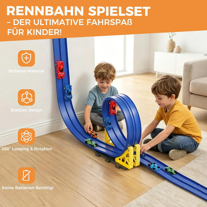 Flexible Rennbahn Kinder 5 m, Autorennbahn Kinder Doppel-Rennstrecke mit 6 Autos, Für 1/64 Autos, Sp