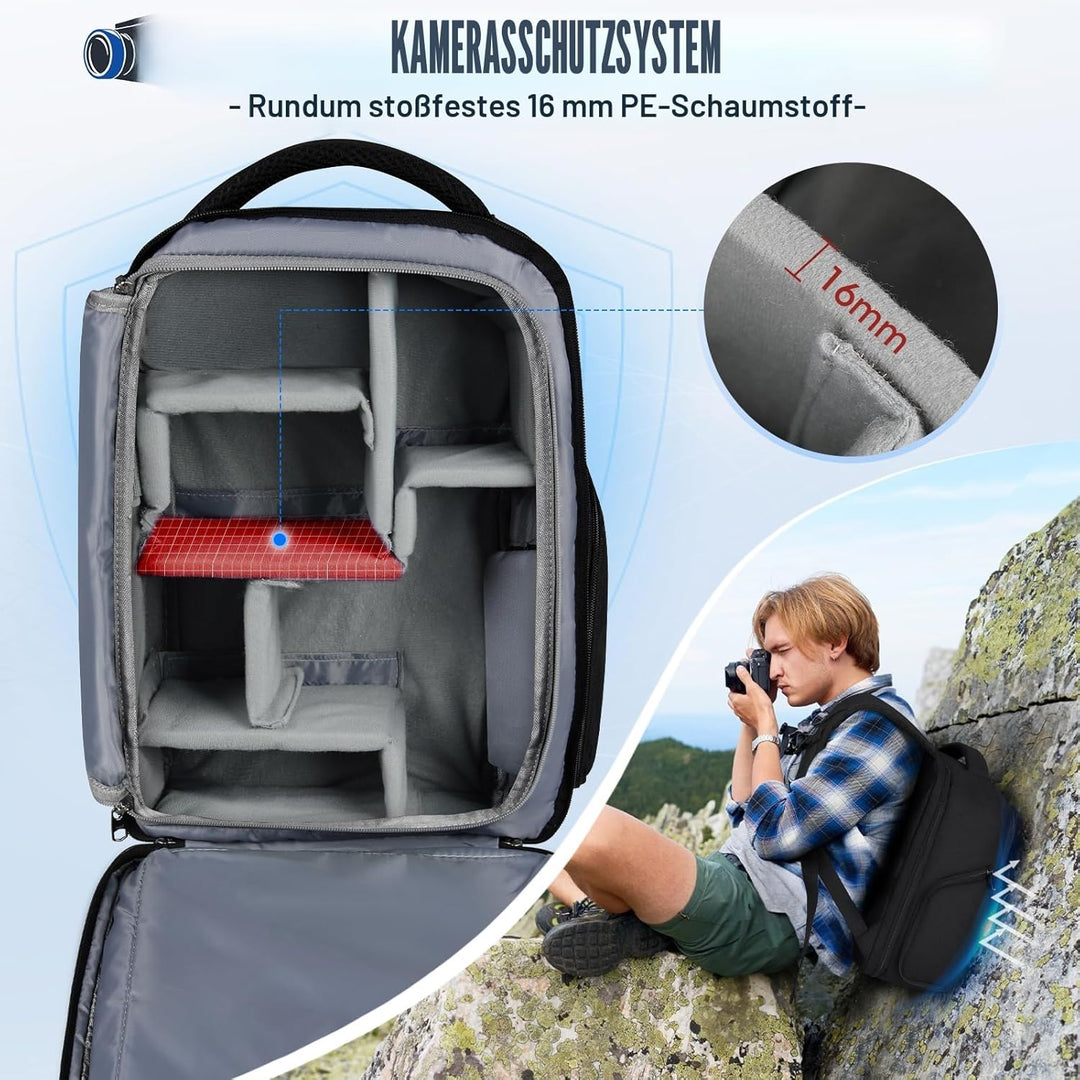 RAINSMORE Fotorucksack Kamerarucksack Gross mit 15,6 Zoll Laptopfach Leicht Kamera Rucksack DSLR SLR