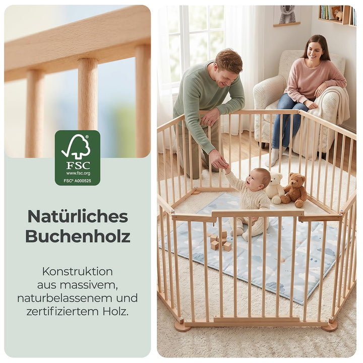 Spec-wood Baby Laufgitter klappbar ink. Tür XXL 92x74 cm aus Buchenholz - Laufstall Baby Holz mit Si