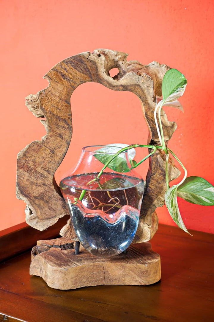 Kinaree Geschmolzenes Glas auf Wurzelholz - Glasschale auf Wurzel - Teak Holz mit Glasvase oder Scha