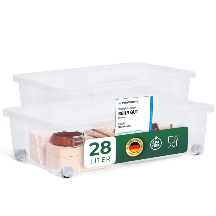 Novaliv 2x Unterbettkommode ohne Deckel 28L Aufbewahrungsbox transparente Nestbar stapelbare Rollkis