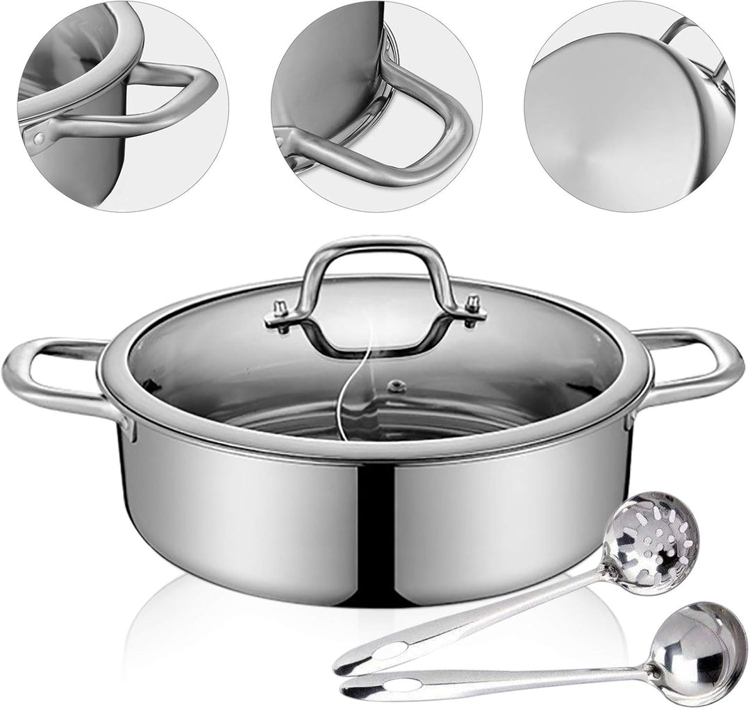 304 Lebensmittelqualität Edelstahl Shabu Shabu Hot Pot mit Trennwand, und 1 Deckel aus gehärtetem Gl