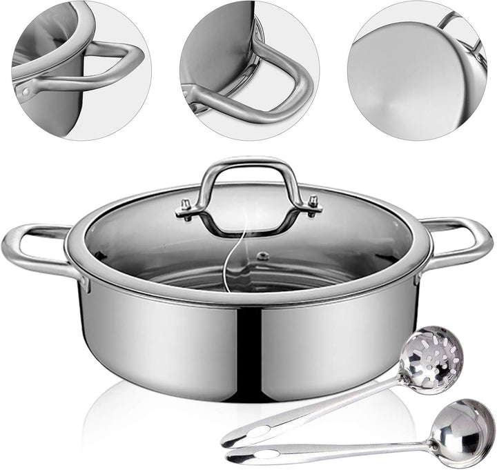 28/32cm Hot Pot Edelstahl Topf mit Glas Deckel Kochwerkzeug Shabu Shabu 2 Kammer, 32cm