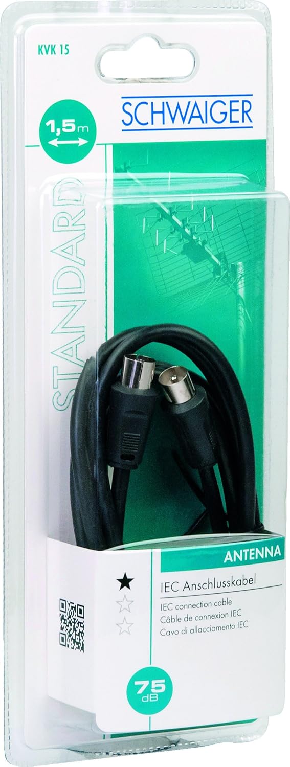 SCHWAIGER Antennen Anschlusskabel 75 dB, 1,5m, schwarz, IEC Stecker > IEC Buchse, 2-fach Schirmung,