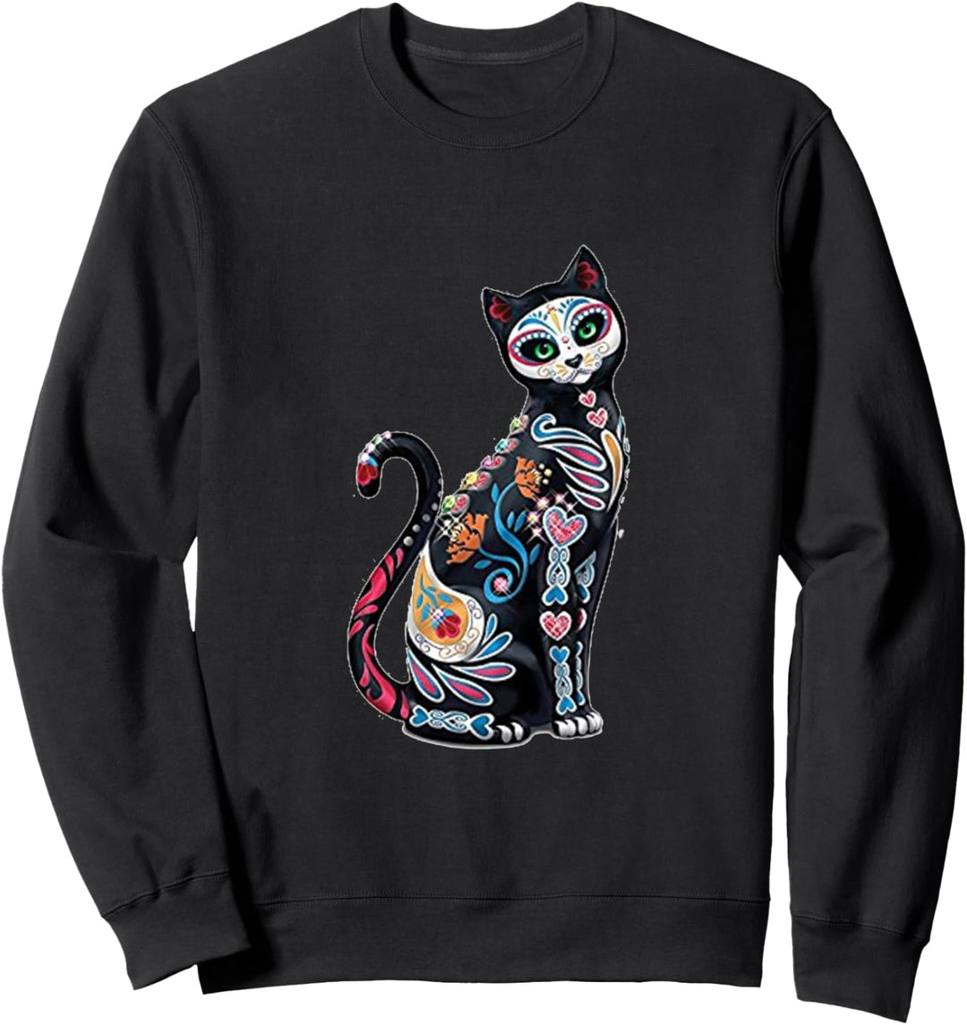 Mosaik Sugar Skull Day Of The Dead Cat Art Apparel Sweatshirt