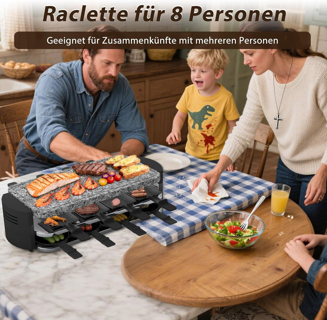 FIVMEN Raclette 8 Personen Raclette Grill 1600W mit 14 Pfännchen, Granitplatte & Antihaftplatte Elec