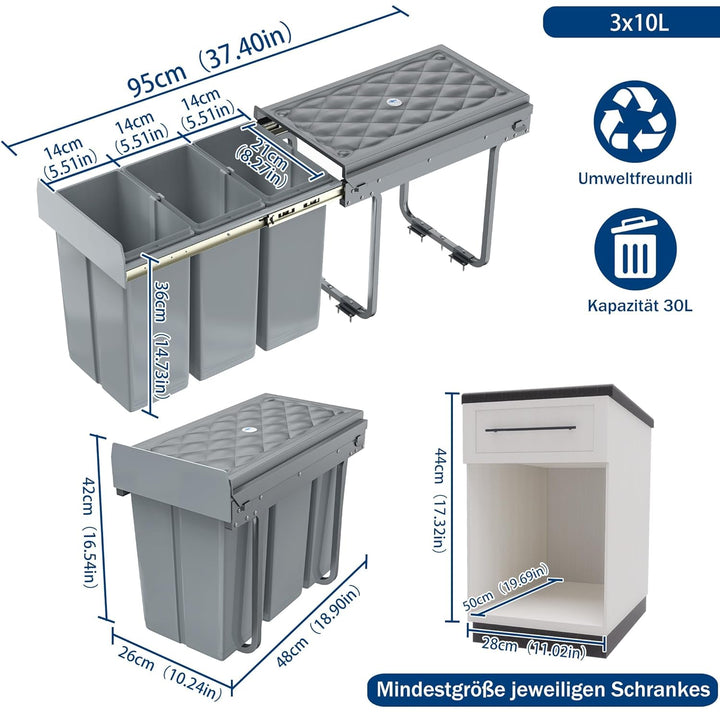 UISEBRT 3x10L Mülleimer Küche Unterschrank,Ausziehbar Mülltrennsystem mit Rutsche Kunststsoff,Einbau