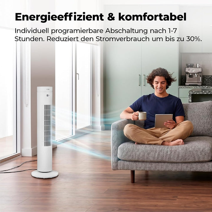 aeco AirX SPIN Turmventilator mit Fernbedienung 3 Geschwindigstufen 7H Timer 35w mobiler Lüfter Oszi