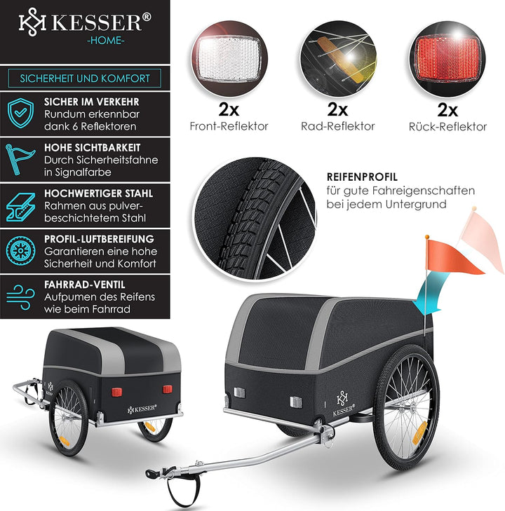 KESSER® Fahrradanhänger Lastenanhänger Transportanhänger Hochdeichsel mit Kupplung, Inkl. Abdeckung