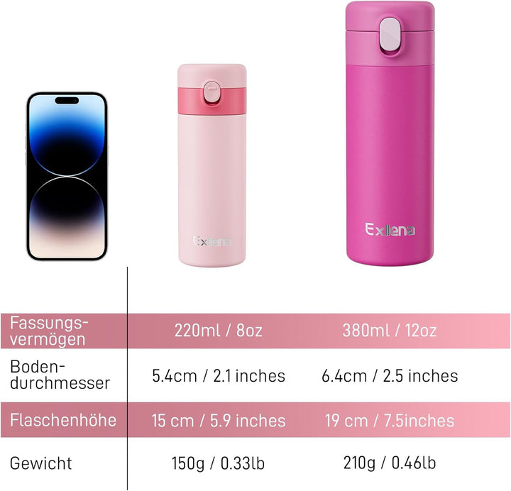 Exllena Kleine Thermosflasche 380ml mit Einhand-Flip-Deckel - Mini Thermosflasche aus Edelstahl, 100