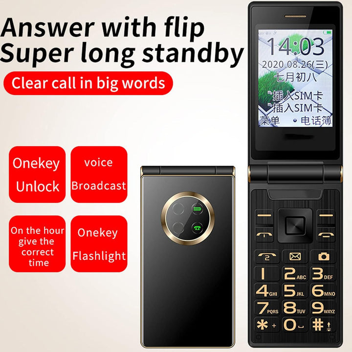 2G Entsperrtes Senioren-Flip-Handy, 2,8-Zoll-Grossbild-Flip-Handy mit SOS-Taste, 5900-mAh-Akku, Dual