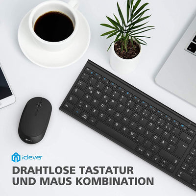 iClever 2.4G Tastatur Maus Set Kabellos, Aluminium Wireless Slim Tastatur QWERTZ Layout (Deutsch), f