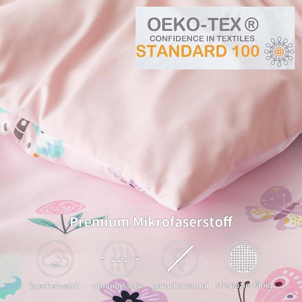 Freyamy Kinder Bettwäsche 100x135cm 2teilig Rosa Bunt Schmetterling Blume Wendebettwäsche Gebürstet