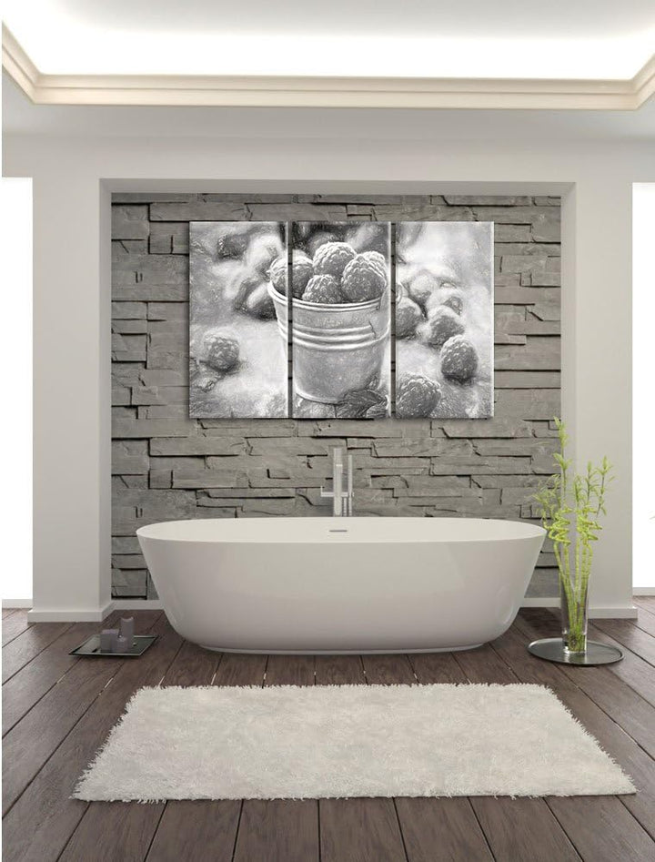 Pixxprint Himbeeren im Blecheimer Kohle Effekt 3-Teiler Leinwandbild 120x80 Bild auf Leinwand