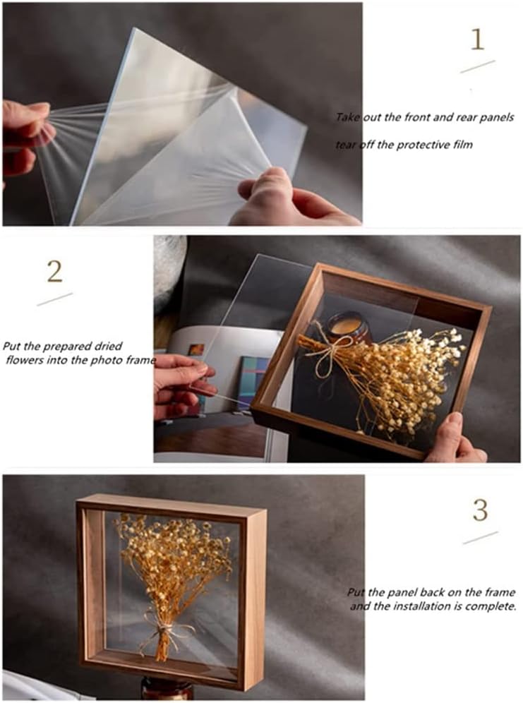 Bilderrahmen aus Holz, getrocknete Blumen, dekorativer schwebender Bilderrahmen, doppelseitiges Glas