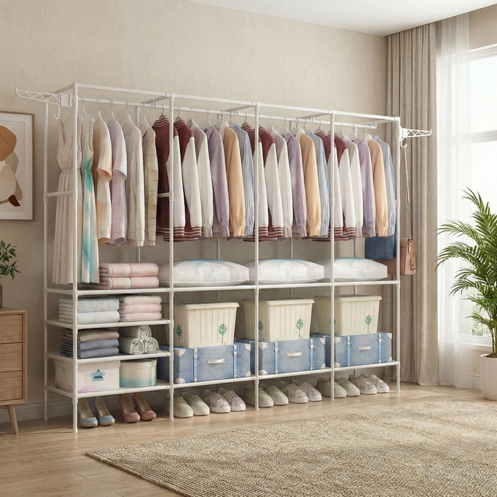 Kleiderständer 4 Ebenen, Offener Kleiderschrank mit Kleiderstange und Ablagen, Freistehender Kleider