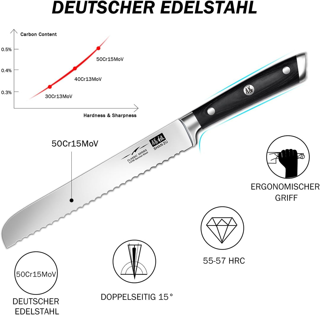 SHAN ZU Brotmesser Messer Wellenschliff Küchenmesser Edelstahl 20 cm - CLASSIC Series, Brotmesser