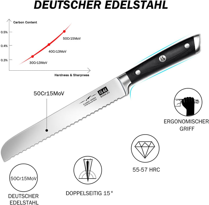 SHAN ZU Brotmesser Messer Wellenschliff Küchenmesser Edelstahl 20 cm - CLASSIC Series, Brotmesser