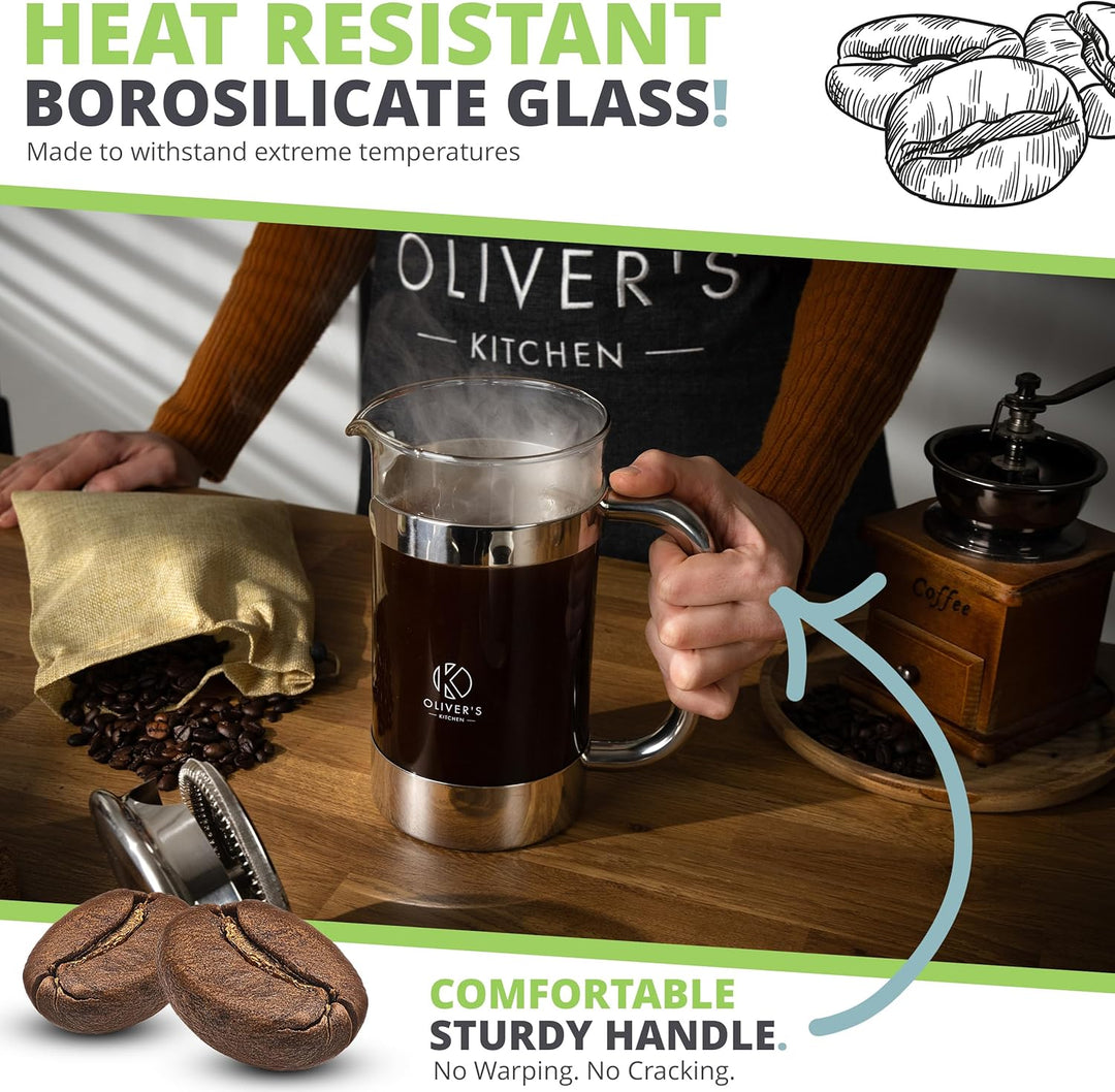 Oliver's Kitchen® French Press 1 liter - Eleganter Kaffeebereiter aus Glas - Kaffee Maschine für aut
