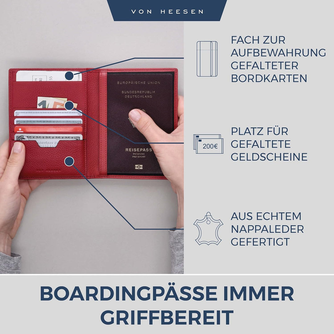VON HEESEN® Reisepasshülle Leder Etui mit RFID-Schutz - Passhülle Passport Reisepass Mappe Hülle Org