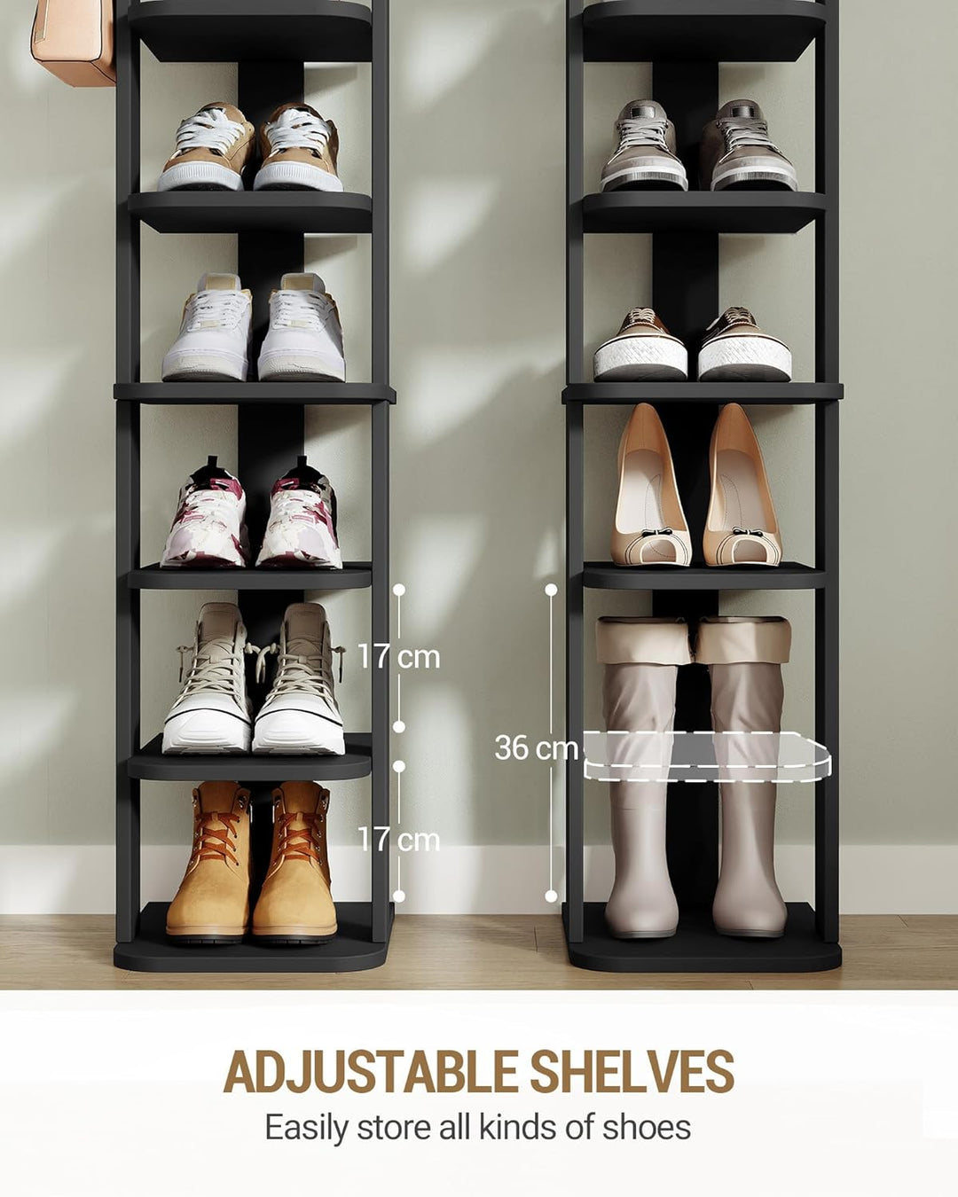 Hzuaneri Schuhregal, Schuhablage mit 10 Ebenen, Holz-Schuh-Organizer mit Haken, Verstellbar, Platzsp