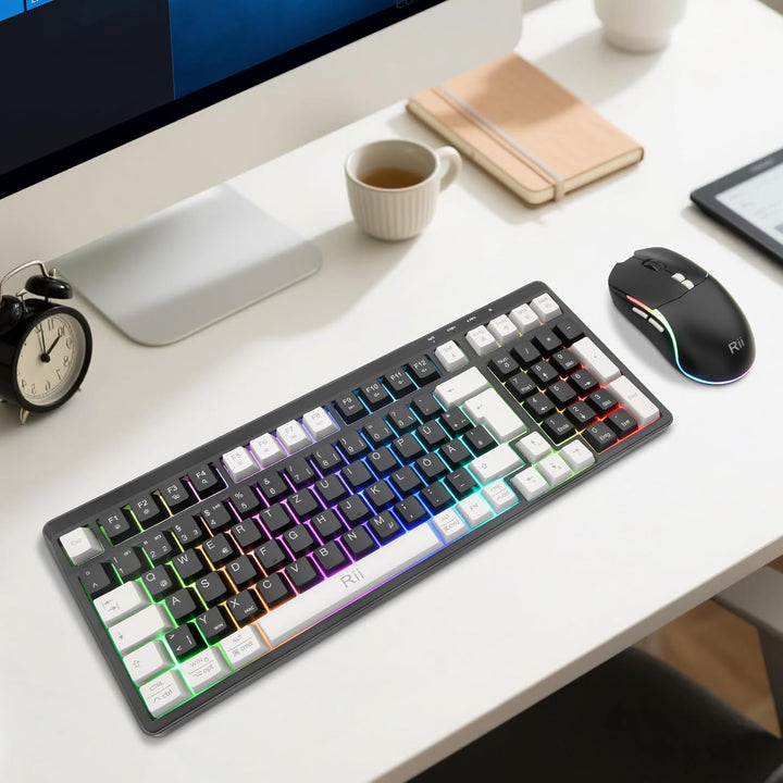 Rii Maus und Tastatur Kabellos Gaming, Tastatur Maus Set, Bluetooth + 2,4GHz Verbindung, LED-Hinterg