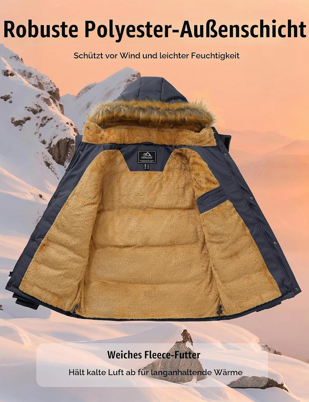 Herren Winter Parka Jacke Winddicht Outdoor Warme Fleecejacke Freizeit Übergangsjacke Wasserabweisen