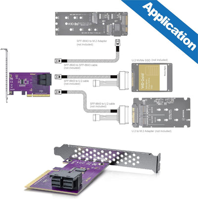 10Gtek® PCIe 3.0 X8 zu SFF-8643 Adapter für U.2 SSD, X8, (2) SFF-8643, mit Low-Profile Bracket, Supp