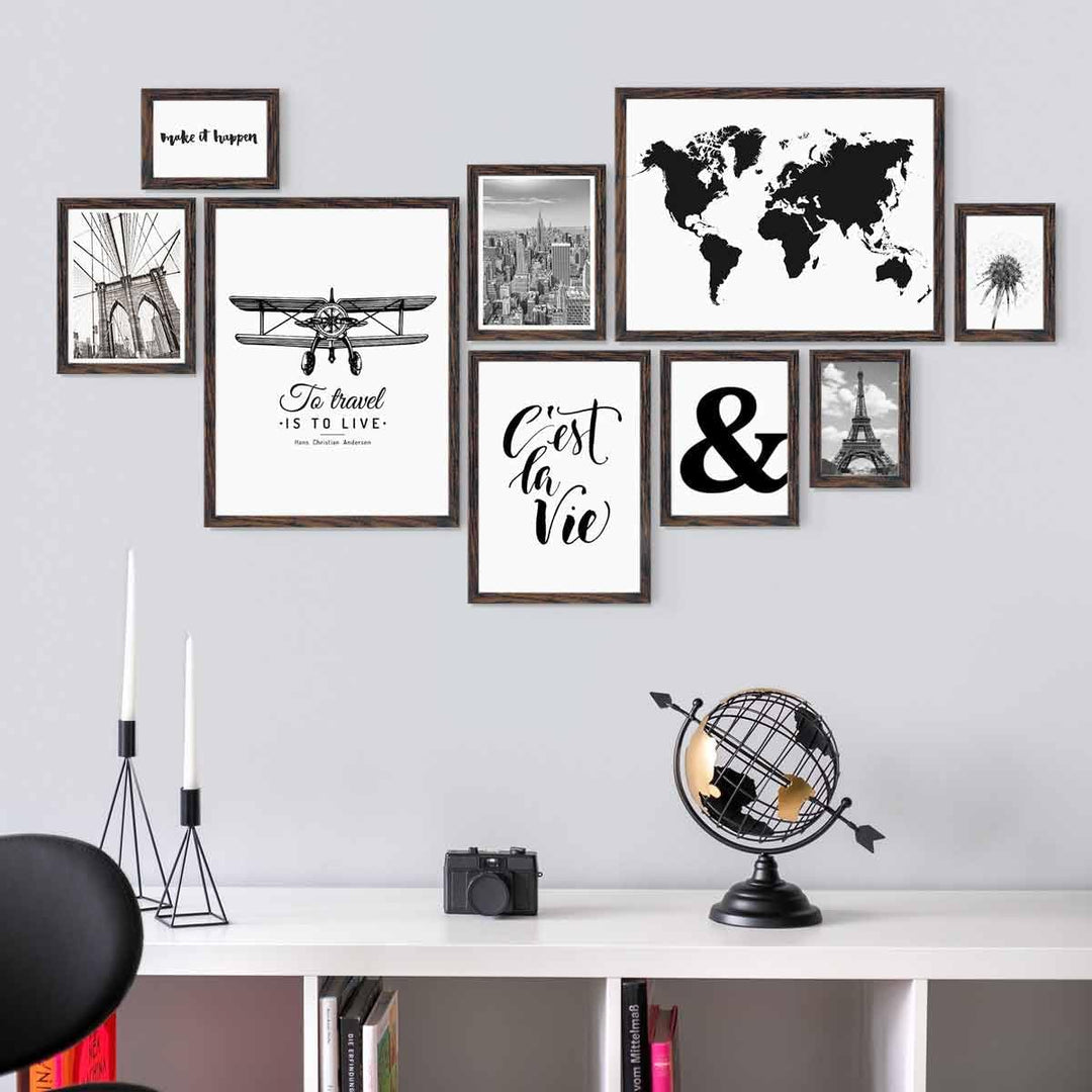 PHOTOLINI dunkel Eiche Bilderrahmen Set verschiedene Grössen, 9 Bilderrahmen braun Holz MDF, Bilder