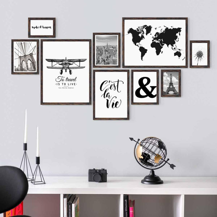 PHOTOLINI dunkel Eiche Bilderrahmen Set verschiedene Grössen, 9 Bilderrahmen braun Holz MDF, Bilder