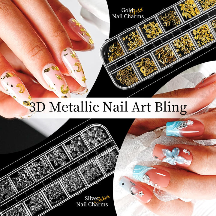 JODSONE Nagelcharms, Nagel-Rhinestone-Set mit 6 Schachteln Rhinestones, 12 Nagelsticker in zwei Farb