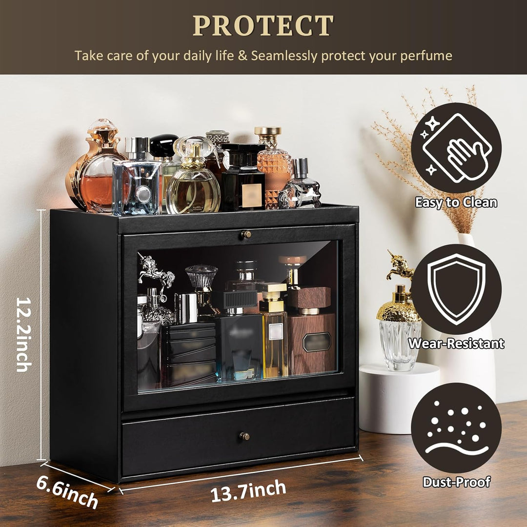 Parfüm Organizer, Leder Herren Parfüm Ständer mit Schublade, Parfüm Regal mit Transparent Sichtbarer