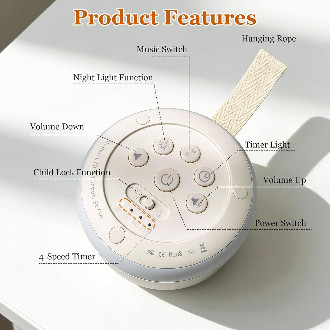 White Noise Machine, Tragbare Soundmaschine mit 24 Beruhigende Geräuschen, 4-Timer & Memory-Funktion