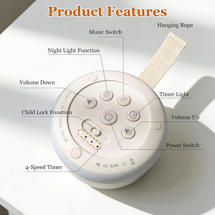 White Noise Machine, Tragbare Soundmaschine mit 24 Beruhigende Geräuschen, 4-Timer & Memory-Funktion