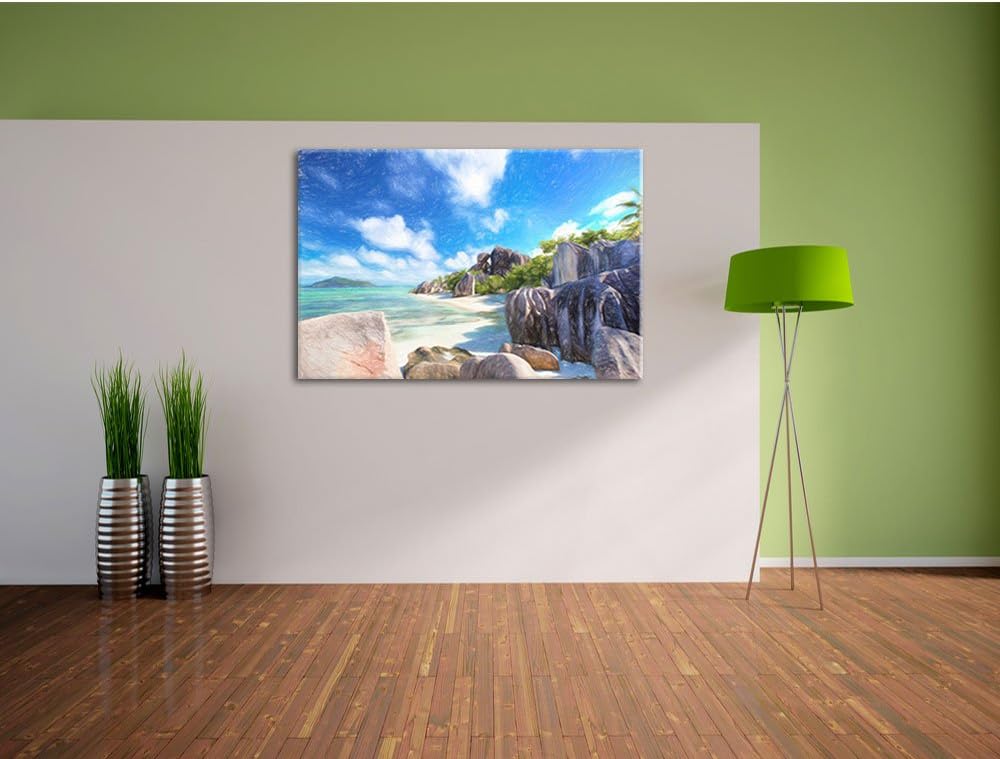 Pixxprint Seychellen Strand Kunst Buntstift Effekt, Format: 100x70 auf Leinwand, 100x70