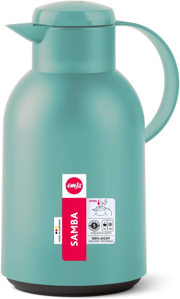 Emsa Samba Isolierkanne, 1,5 Liter Fassungsvermögen, Quick Press Verschluss, 100% dicht, 12h heiss u