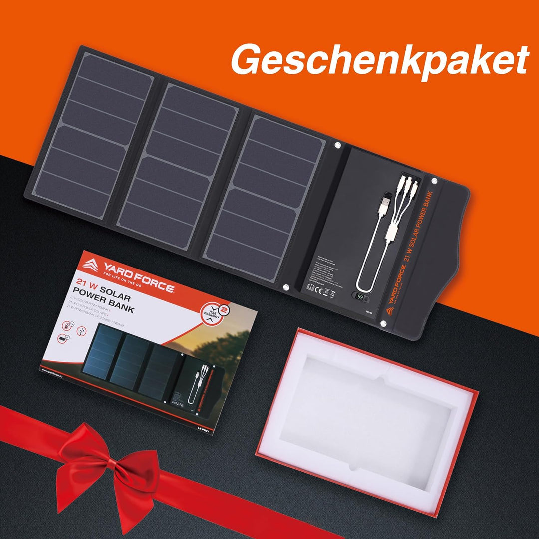 Yard Force 21W tragbares Solar-Ladegerät mit 2 USB-Anschlüssen, 13000 mAh integrierter Batterie, Sol