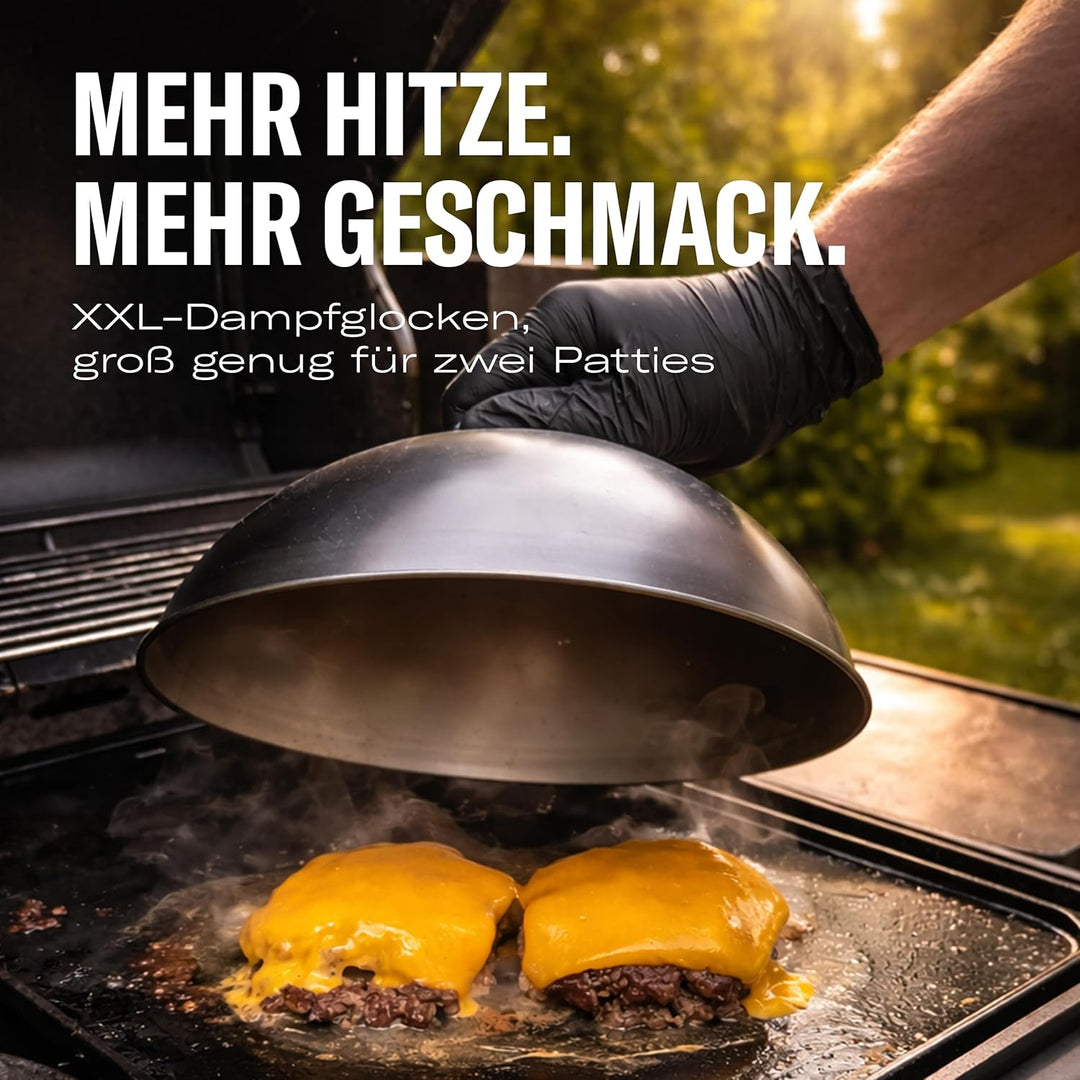 Burgerglocke XXL 2er Set Edelstahl – Käseschmelzglocke Burger Dome für perfekt schmelzenden Käse – Ø