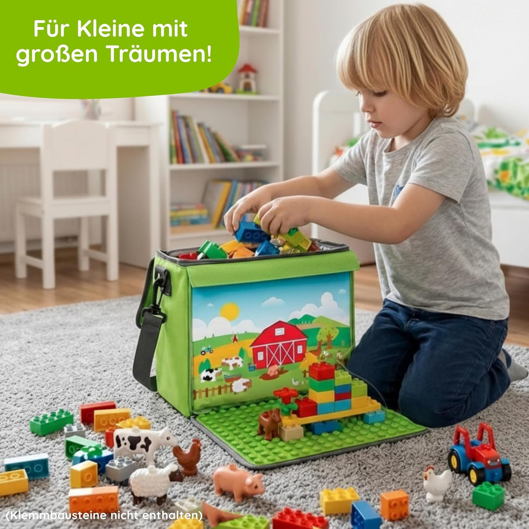 fantifant Baustein-Tasche mit ausklappbarer Bauplatte | farmgrün Grösse L I kompatibel mit Lego Dupl