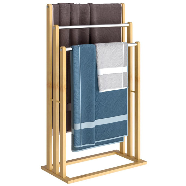 CASARIA® Handtuchhalter Stehend Bambus Holz 84 x 46 x 24 cm 3 Edelstahl Stangen Handtuchständer Frei