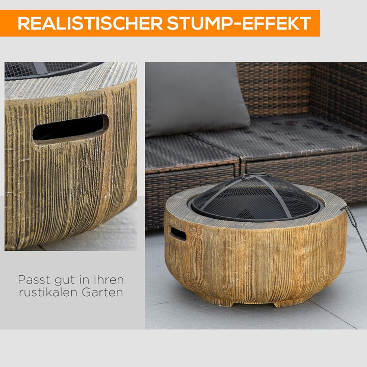 Outsunny Feuerschale, Feuerstelle mit Deckel, Feuerkorb mit Schürhaken, im Baumstumpf-Design, für Ga