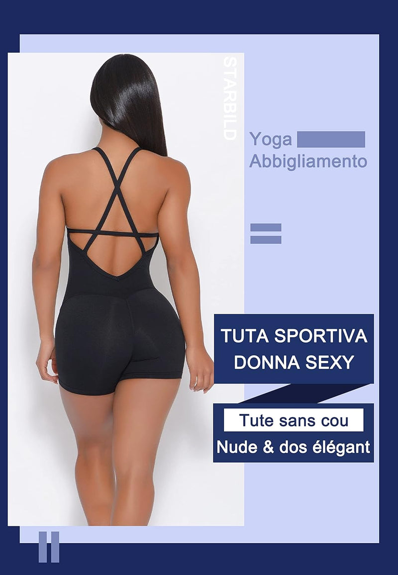 STARBILD Damen Yoga Jumpsuit Ärmellos Rückenfrei Eng Anliegender, Fitness Overall für Gym Workout, K