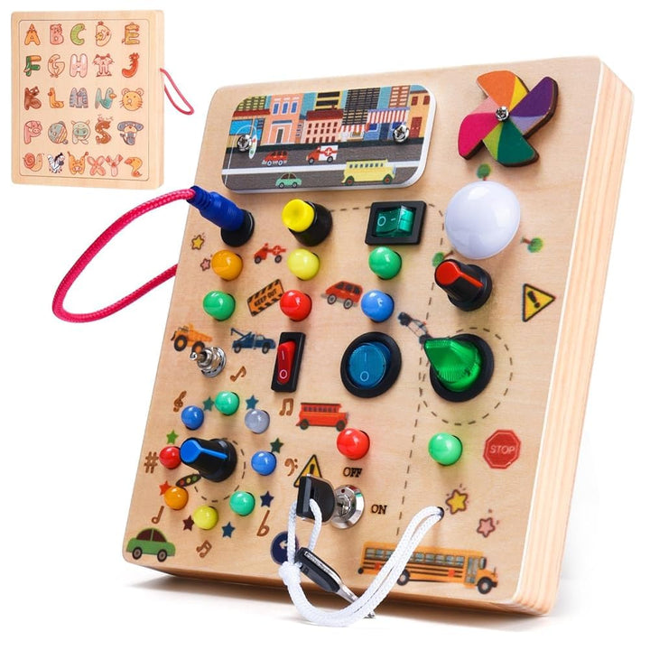 Busy Board Montessori Spielzeug für Babys ab 2 Jahr, Motorikspielzeug mit 19 LED, Holzspielzeug Sens