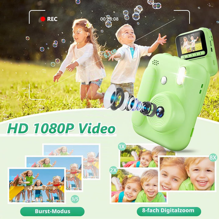 Sofortbildkamera für Kinder,1080P Kinderkamera mit 5 Rollen Druckpapier,32GB-Karte und Farbstiften,