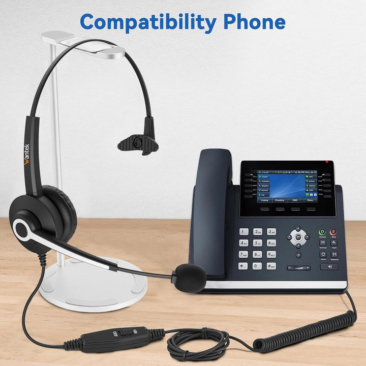 Wantek Telefon Headset Mono mit Noise Cancelling Mikrofon, Lautstärkeregler, Call Center Kopfhörer f