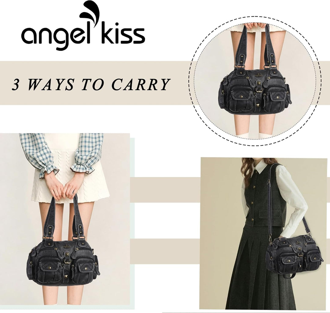 Angel Kiss Damen Handtasche 2 Hauptfächer Multifunktionale Handtasche Weich PU Leder Tasche mit Reis